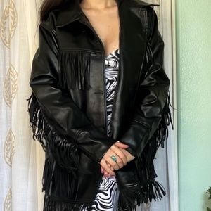 Fringe faux black leather jacket